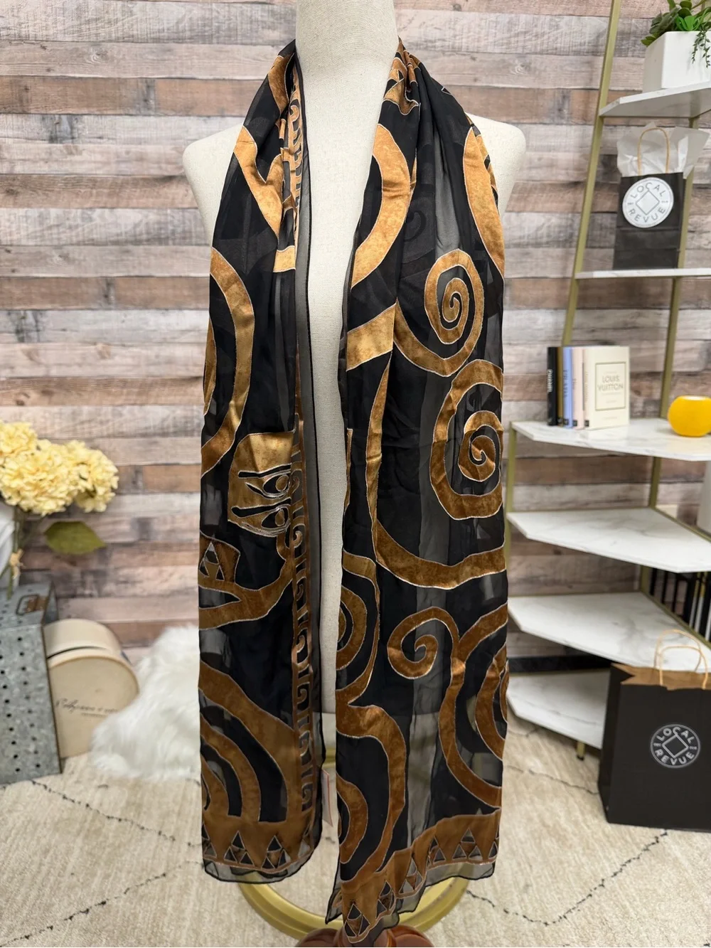 Black/Gold Abstract Patter Silk Scarf